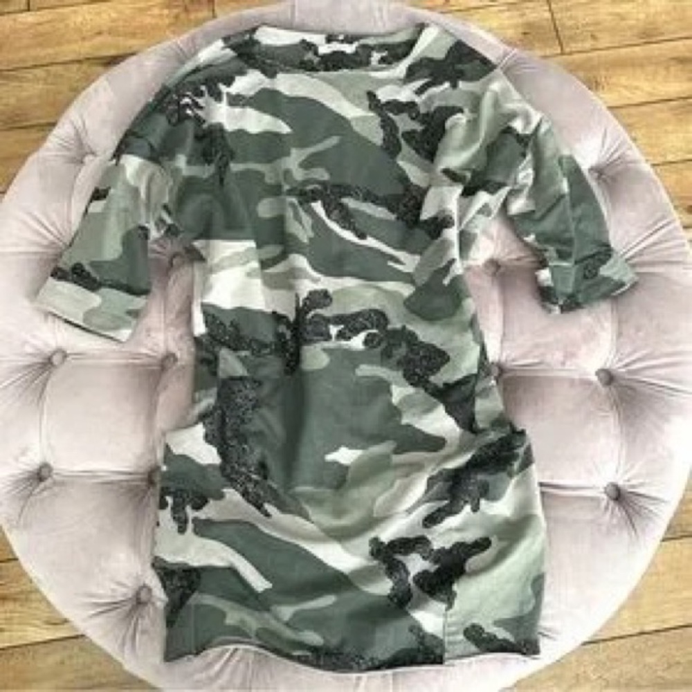 Camo Sequin Accent Tunic Dress - Green Camo